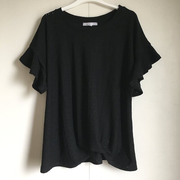 Gothic Black Eyelet Flutter Sleeve Twist Waist Tee - Picture 1 of 15